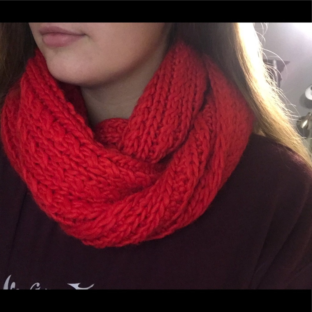 bright red knitted infinity scarf